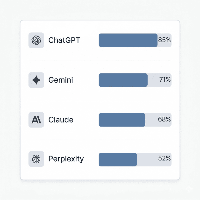 Comparativa de visibilidad en ChatGPT 85%, Gemini 71%, Claude 68% y Perplexity 52%