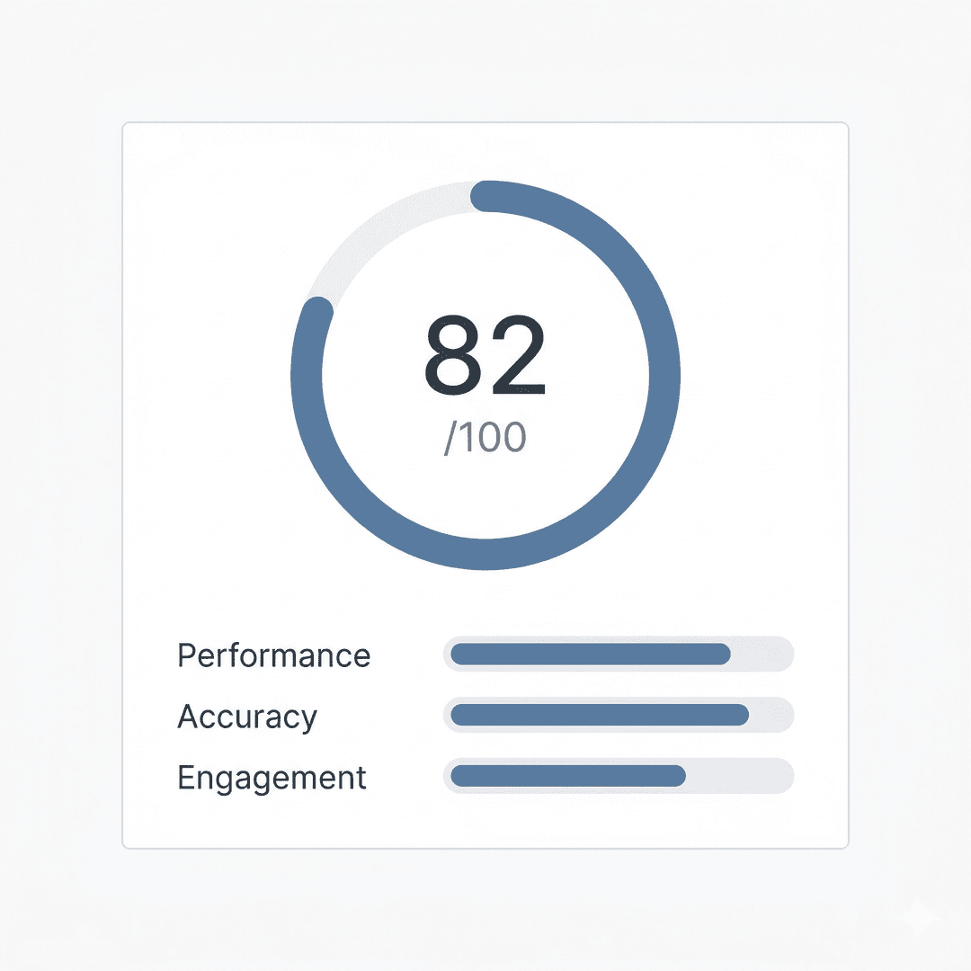 Puntaje NeuraIA 82/100 — métrica circular de visibilidad con sub-indicadores Performance, Accuracy y Engagement